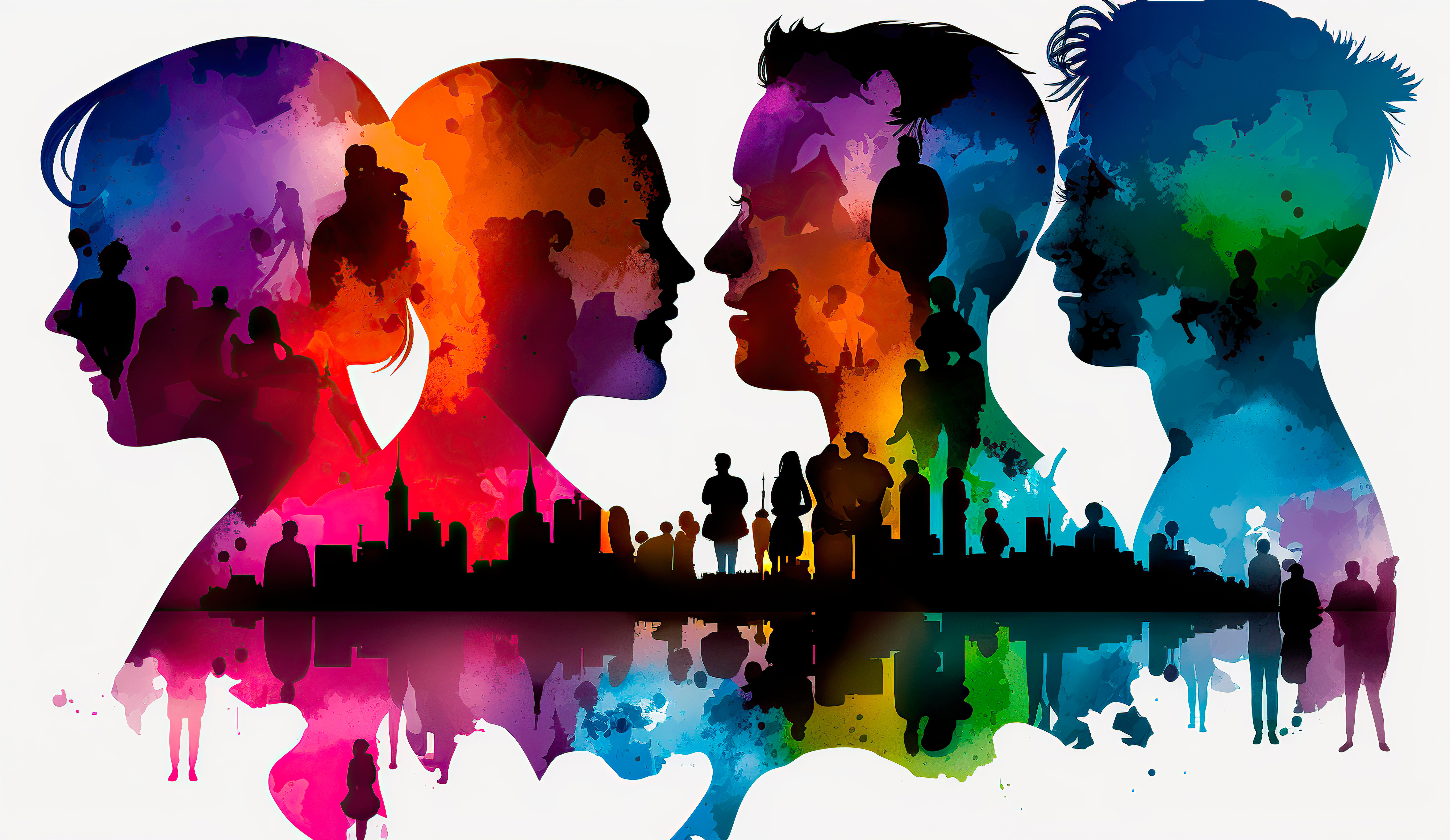 Abstrakter bunter Hintergrund mit Silhouetten von Menschen in Farben der LGBT-Flagge.