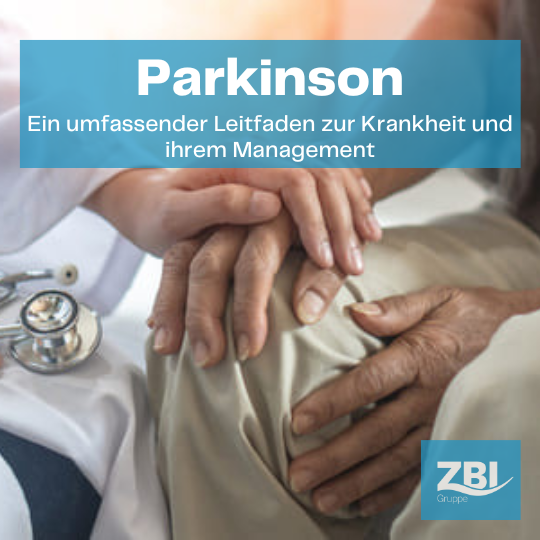 Pflegekraft hält die Hand eines Parkinson-Patienten, symbolisiert Unterstützung und Pflege.